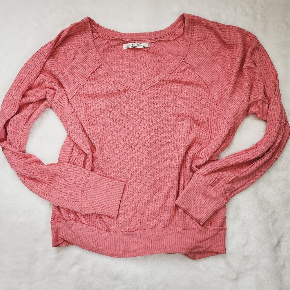 WE THE FREE PINK WAFFLE KNIT OVERSIZE LONG SLEEVE TOP MEDIUM MED MD M